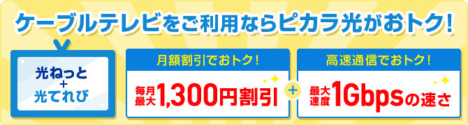 ケーブルテレビをご利用ならピカラ光がおトク！【光ねっと+光てれび】月額割引でおトク！毎月最大1,300円割引+高速通信でおトク！最大速度1Gbpsの速さ