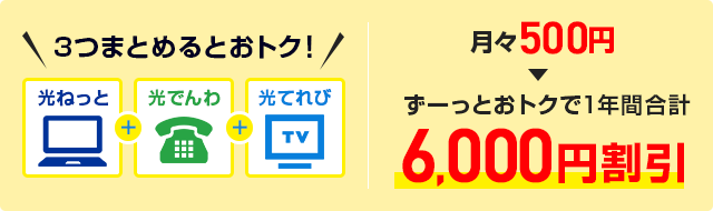 3つまとめるとおトク！月々500円（税抜）→ずーっとおトクで1年間合計6,000円（税抜）割引