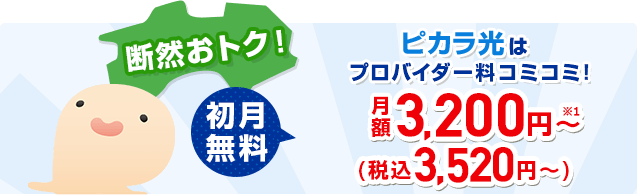 プロバイダー込みで月額3,200円！しかも初月無料