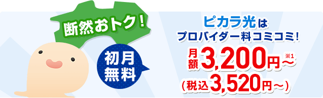 プロバイダー込みで月額3,200円!しかも初月無料